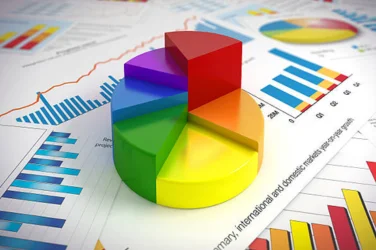 A colorful pie chart with statistics and information is displayed on top of a stack of papers