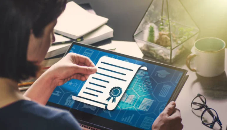 A woman accessing a certificated website on a laptop, guaranteeing secure internet communication